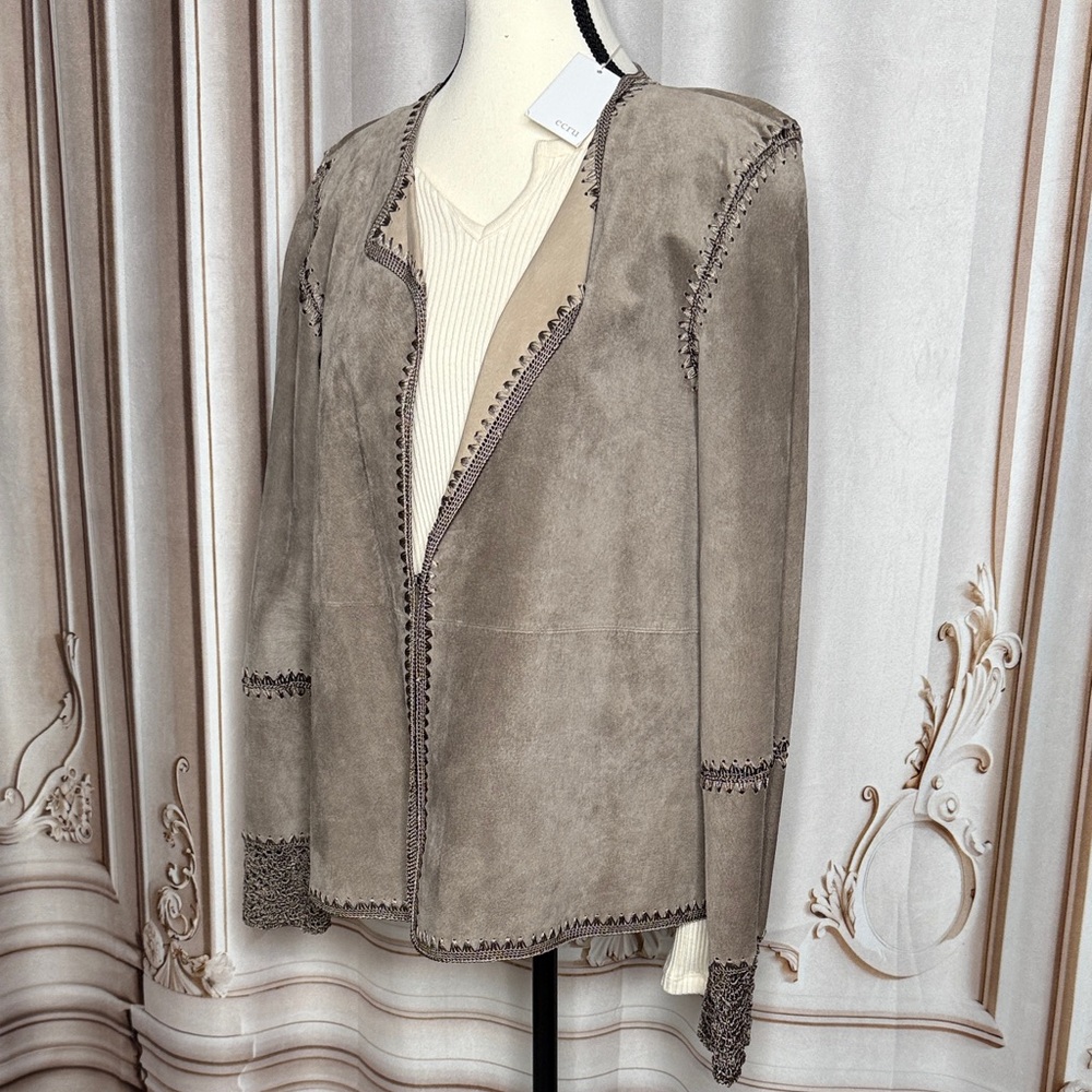 Ecru Tan Women's Blazer with Intricate Trim